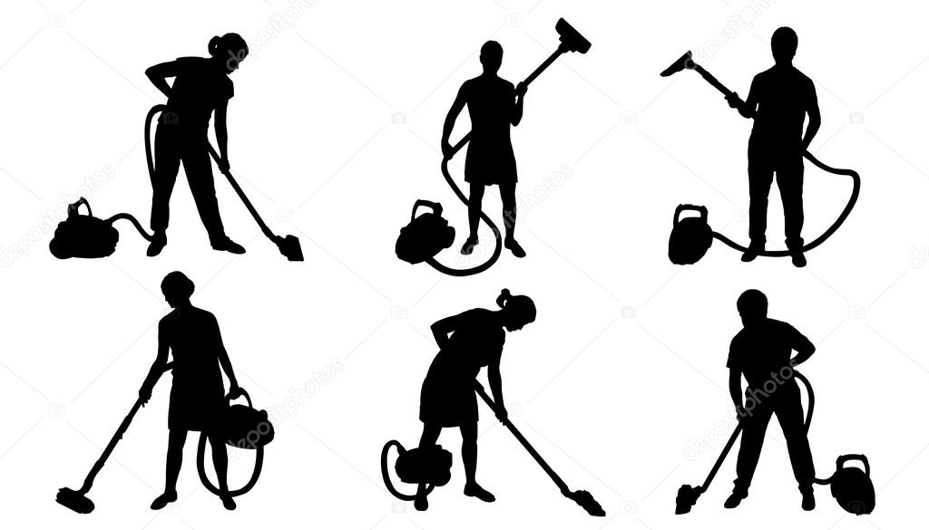 People and vacuum cleaner silhouettes on the white background