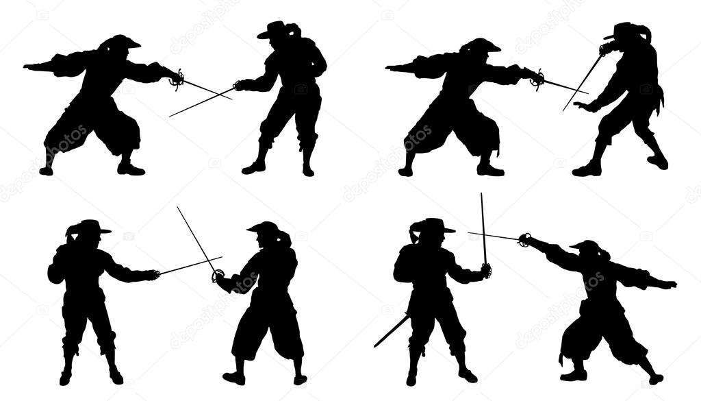 Musketeer duel silhouettes on the white background