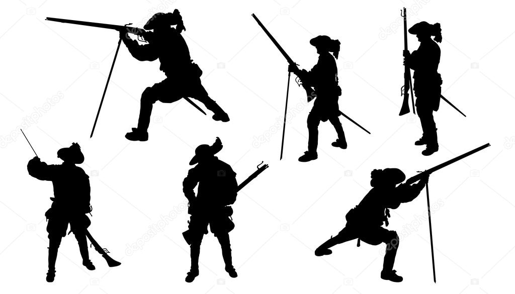 Musketeer with musket silhouettes on the white background