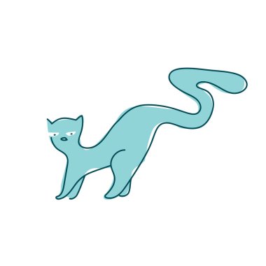 Uzun kuyruklu kedi, çizgili sanat vektör illüstrasyonunda mavi kedi çocuksu bir tarzda