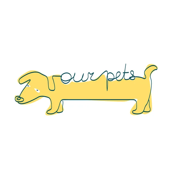 Dachshund köpeği, el yazısı ile evcil hayvanlarımız. Sarı köpeğin çocuksu bir şekilde çizilmiş çizgisi çizimi