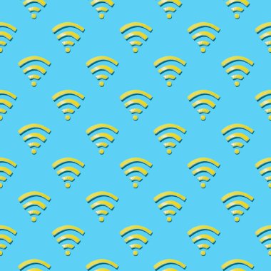 Kablosuz internet sembolü kavramı, kablosuz limon kabuklarından yaratılıp WiFi sembolüne dönüştürülmüş ve parlak mavi arka planda düzenlenmiştir. Minimum fikir, düz yat..