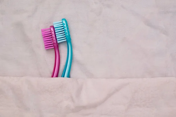 Abstract Love Concept Two Toothbrushes Hugging Embrace Bed Sheets Minimal — Stock Photo, Image
