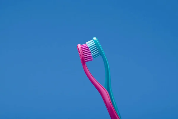 Pink Blue Toothbrushes Arranged Couple Kissing Minimal Concept Idea Blue Stock Picture