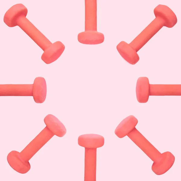 Circle Frame Made Pink Exercise Dumbbells Feminine Fitness Concept Flat Stock Image