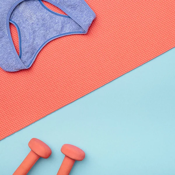 Blue Exercise Shirt Pink Dumbbells Fitness Mat Minimal Concept Square Stock Photo
