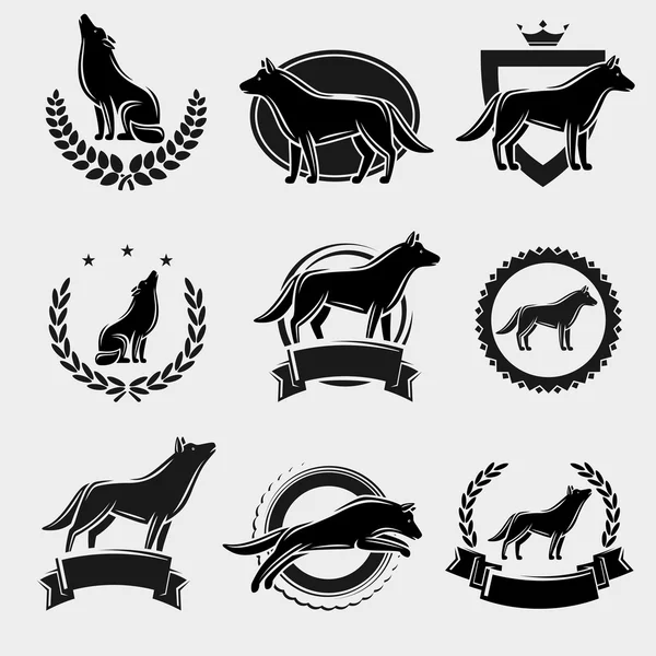 Wolf label en pictogrammen instellen. Vector — Stockvector