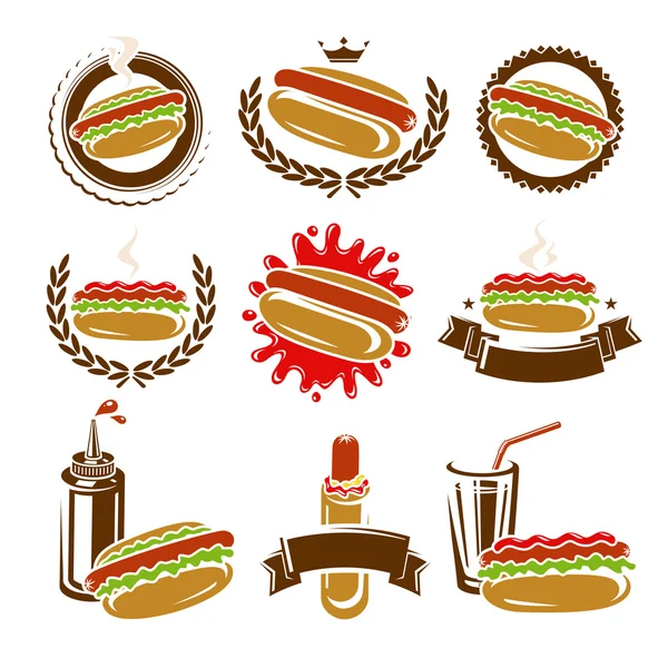 Hot dog stamps and labels set. Vector — Stock Vector