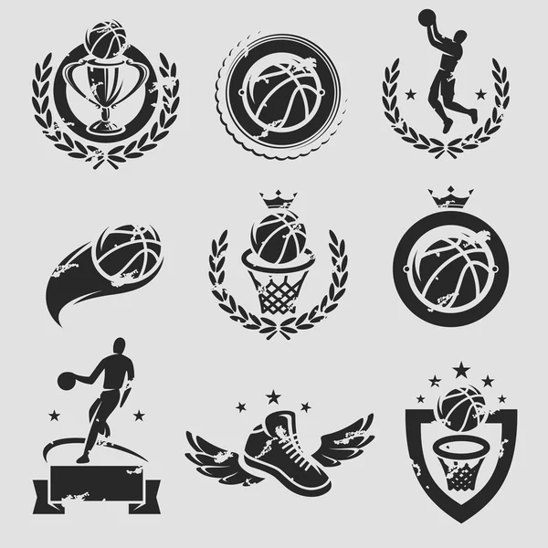 Basketballaufkleber und Symbole gesetzt. Vektor — Stockvektor