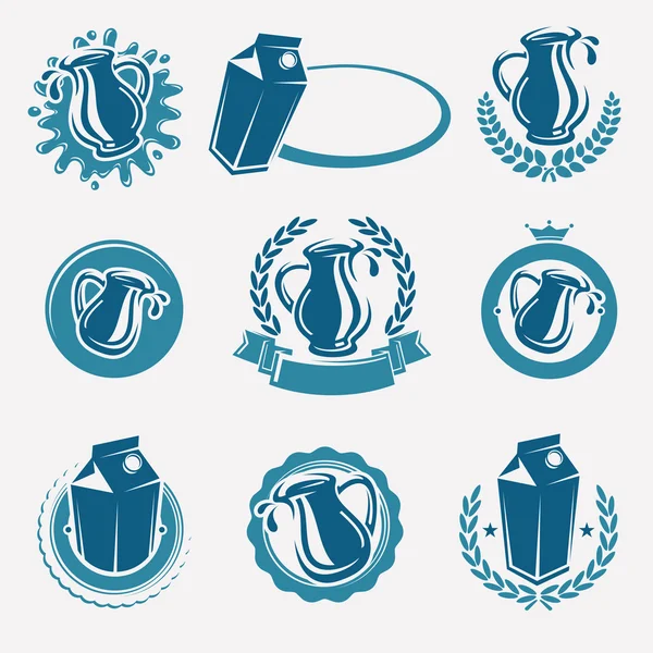 Set de etiquetas e iconos de leche. Vector — Archivo Imágenes Vectoriales