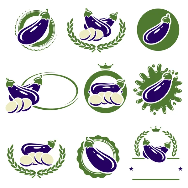 Set de etiquetas y elementos de berenjena. Vector — Vector de stock