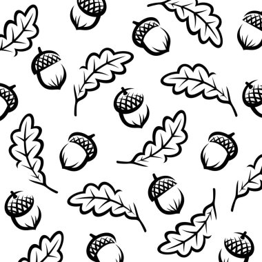 Palamut desenli arka plan ayarlandı. Koleksiyon ikonu meşe palamudu. Vektör