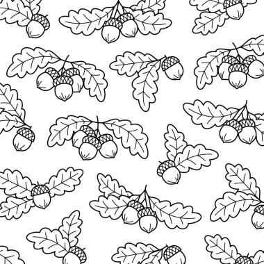 Palamut desenli arka plan ayarlandı. Koleksiyon ikonu meşe palamudu. Vektör