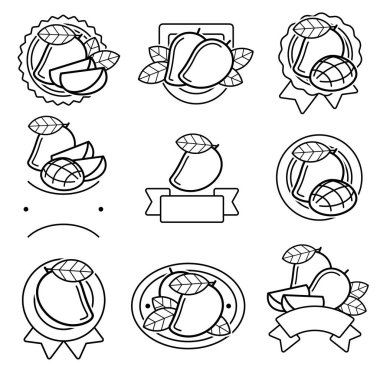 Mango etiketi ve simgeler ayarlandı. Toplama simgeleri mangosu. Vektör illüstrasyonu