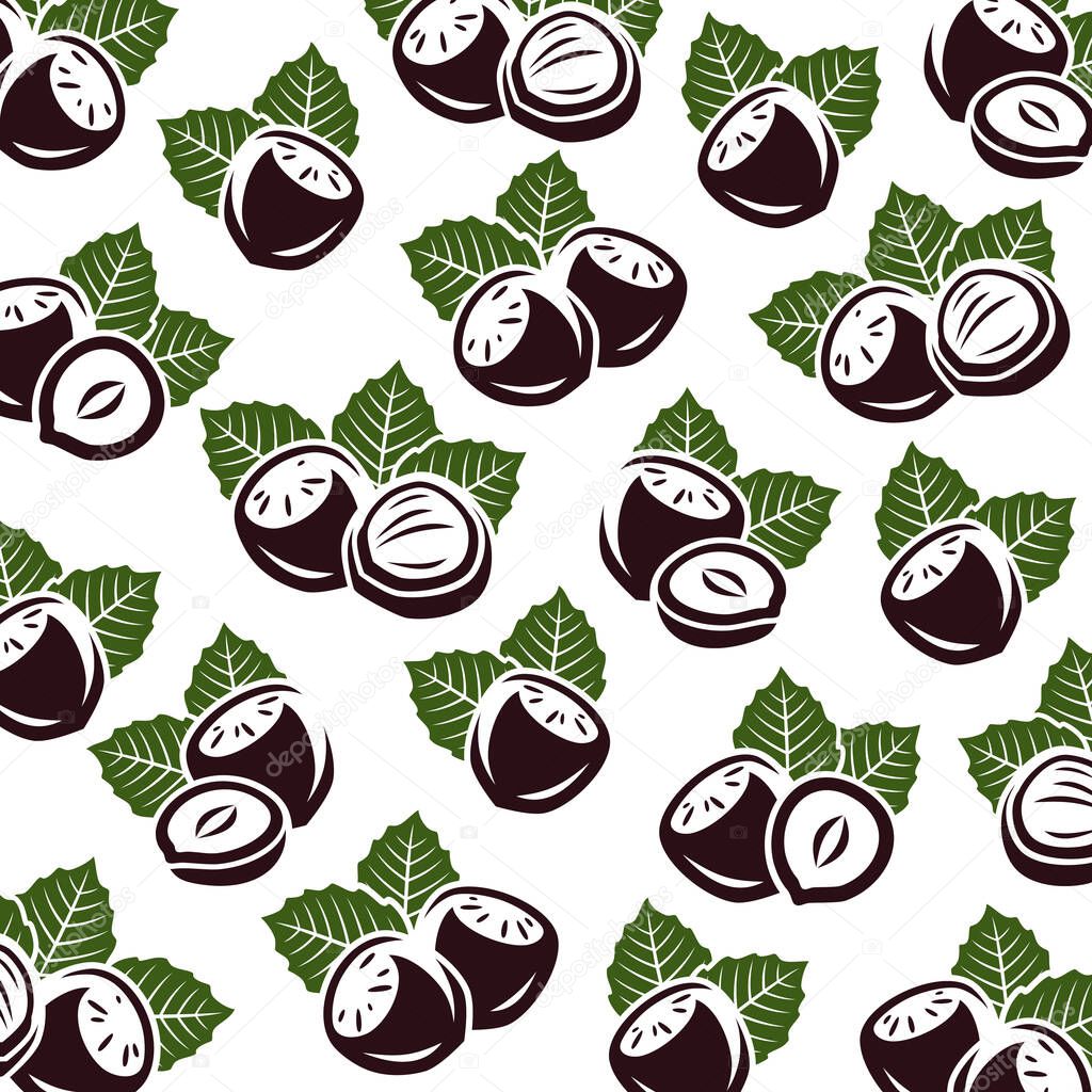 Hazelnut nuts pattern background set. Collection icons hazelnut nuts. Vector illustration