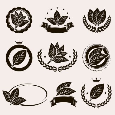 Tobacco leaf label and icons set clipart