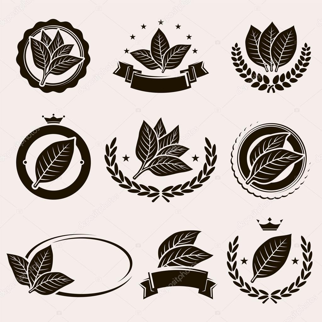 Tobacco leaf label and icons set