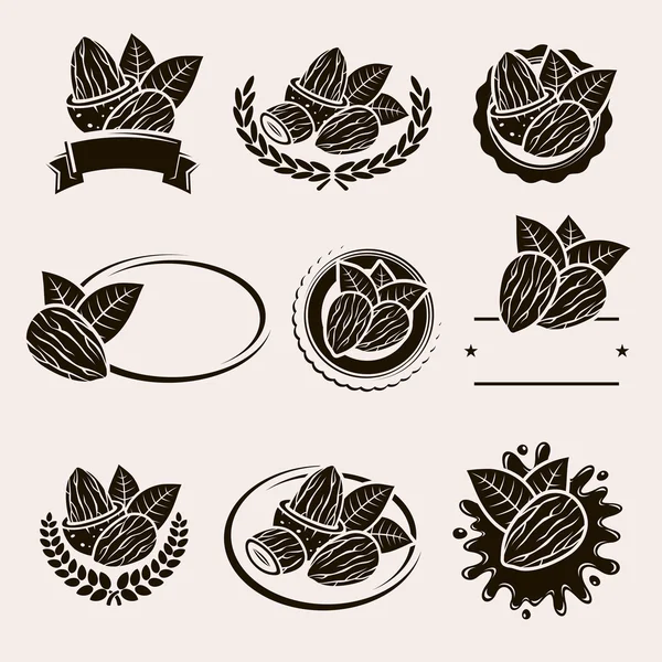 Set d'étiquettes et d'éléments en amandes. Vecteur — Image vectorielle