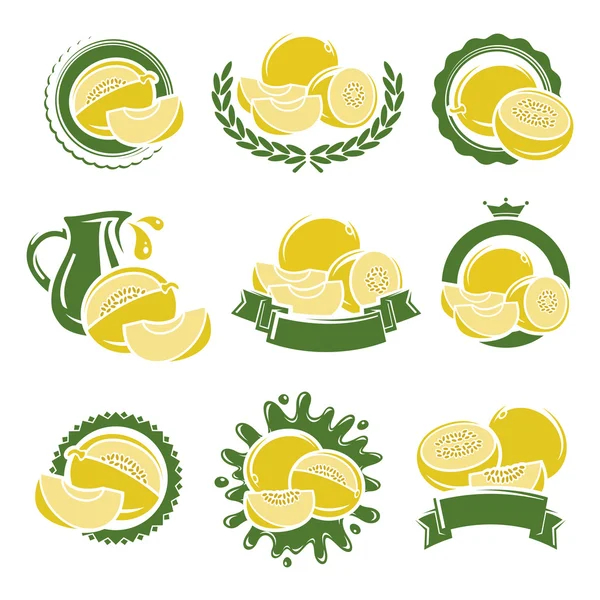 Set di etichette ed elementi di melone. Vettore — Vettoriale Stock