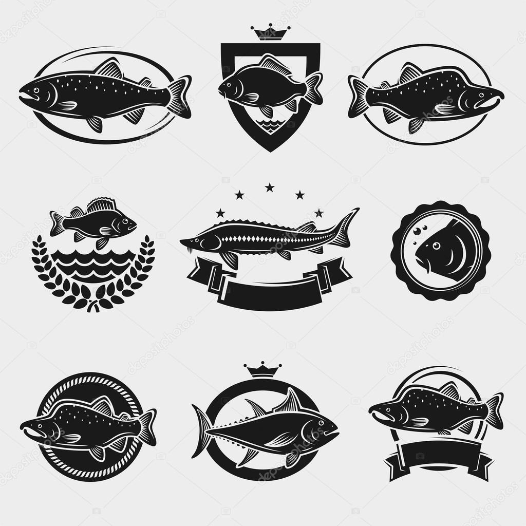 Fish stamps and labels set. Vector