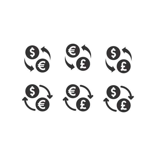 Dollar Euro Pound Money Exchange Icons Currencies Coins Arrows Black — Stock Vector