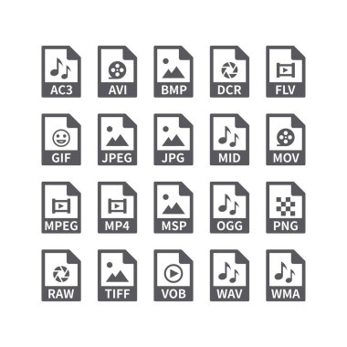 File type vector icons for media files. Avi, Mp3, music and video, picture formats buttons. clipart