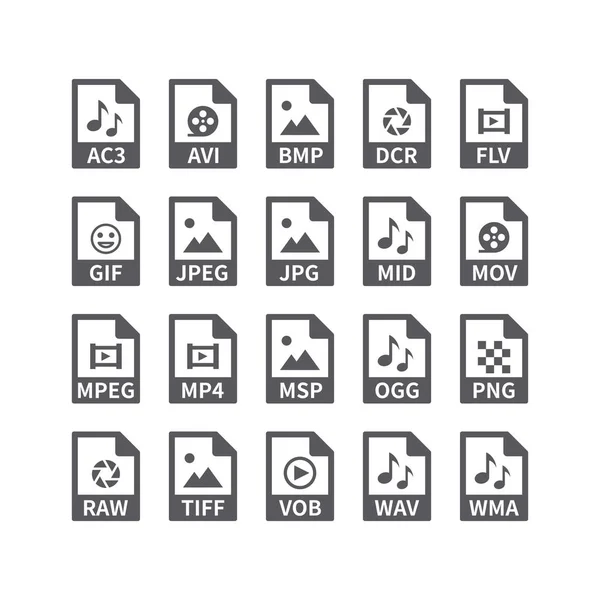 媒体文件的文件类型向量图标 Avi Mp3 音乐和视频 图片格式按钮 — 图库矢量图片