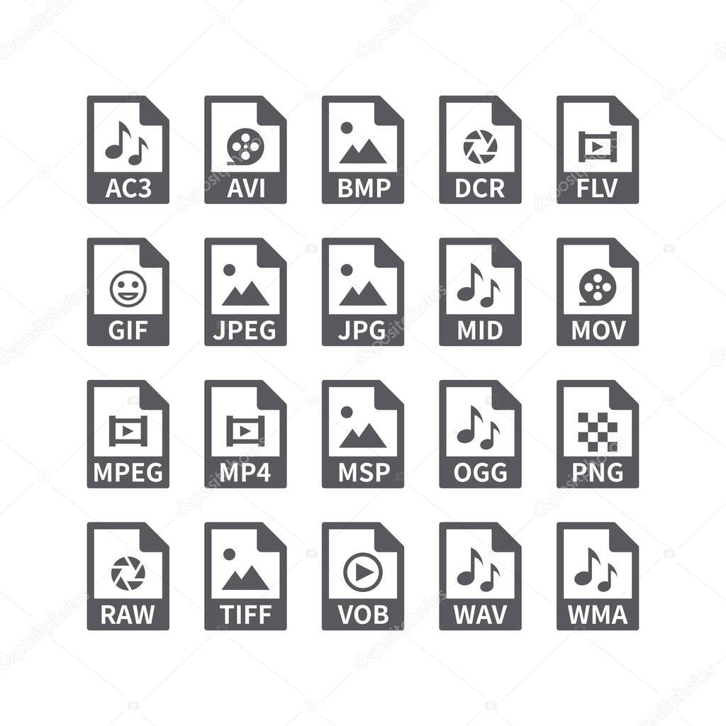 File type vector icons for media files. Avi, Mp3, music and video, picture formats buttons.