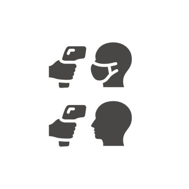 Alnında ya da kızılötesi termometrede insan kafası var. Siyah vektör simgesini ölçen sıcaklık.