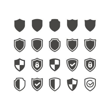 Kalkan siyah vektör simgesi ayarlandı. İşaretli veya kene sembollü kalkanlar ve asma kilit simgeleri.