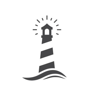 Lighthouse black vector icon. Beacon tower at sea with wave symbol.