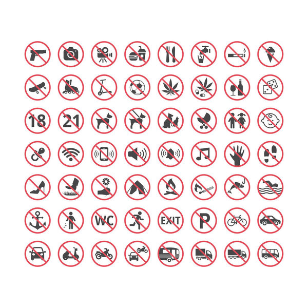 Red prohibition sign set. Forbidden signs with no food, no camera, no parking and ect. 