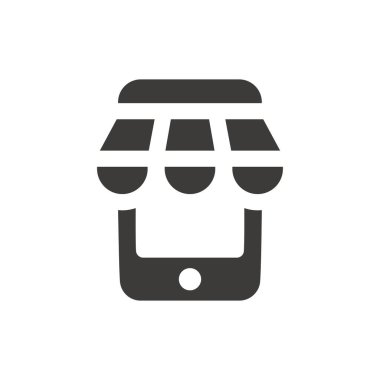 Telefon ve online alışveriş ikonu olan bir mağaza çadırı. Siyah e ticaret veya ticari vektör sembolü.