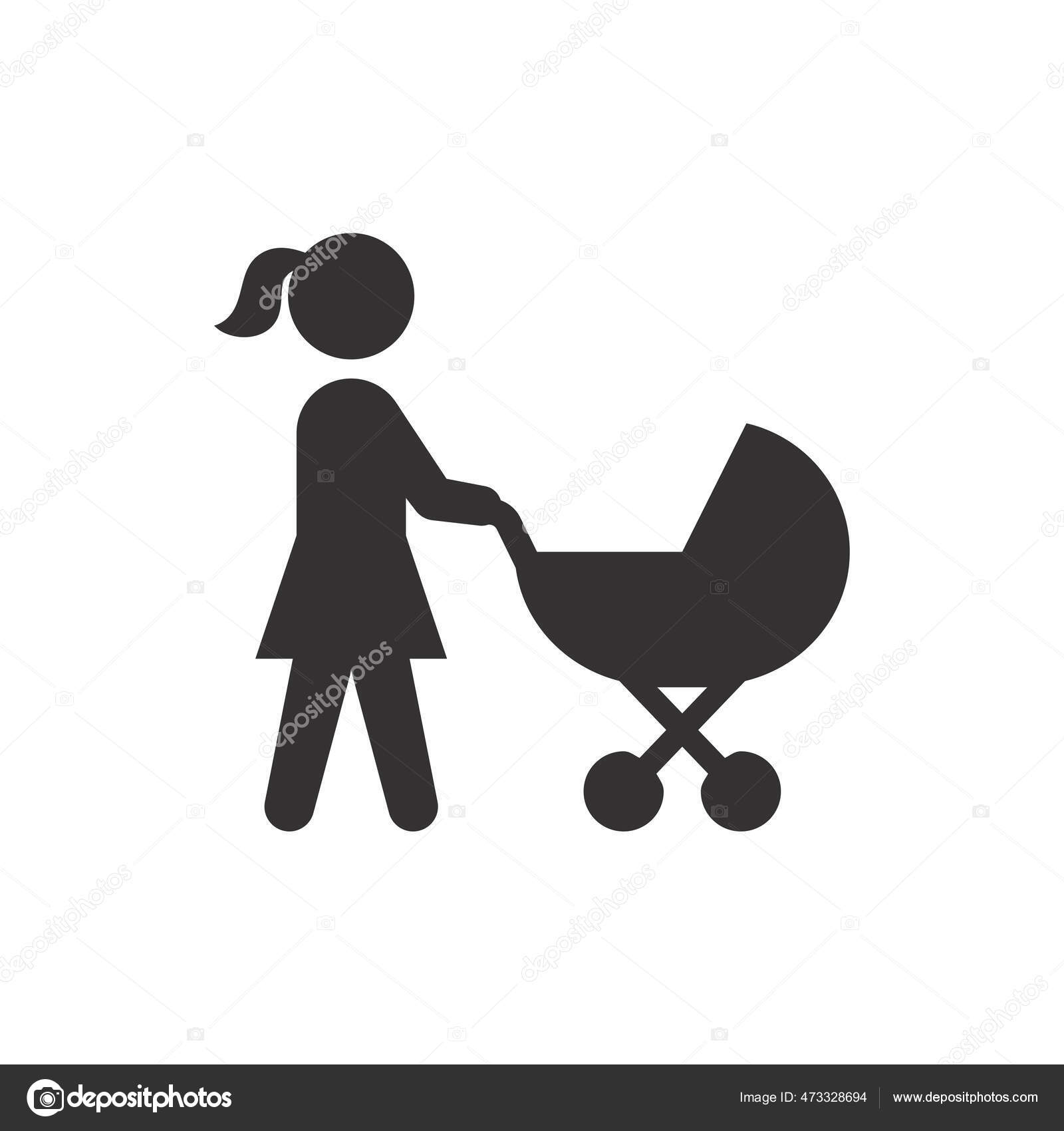 Mother Baby Stroller Black Vector Icon Woman Pushing Pram Symbol