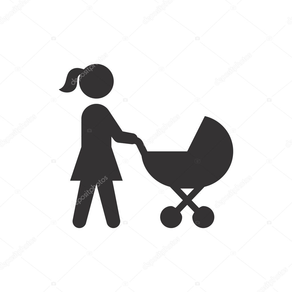 Mother and baby stroller black vector icon. Woman pushing pram symbol.