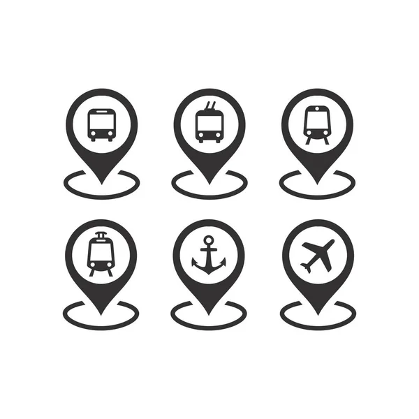 Tömegközlekedés Helye Pin Vektor Ikonkészlet Busz Metró Vasútállomás Repülőtéri Marker — Stock Vector