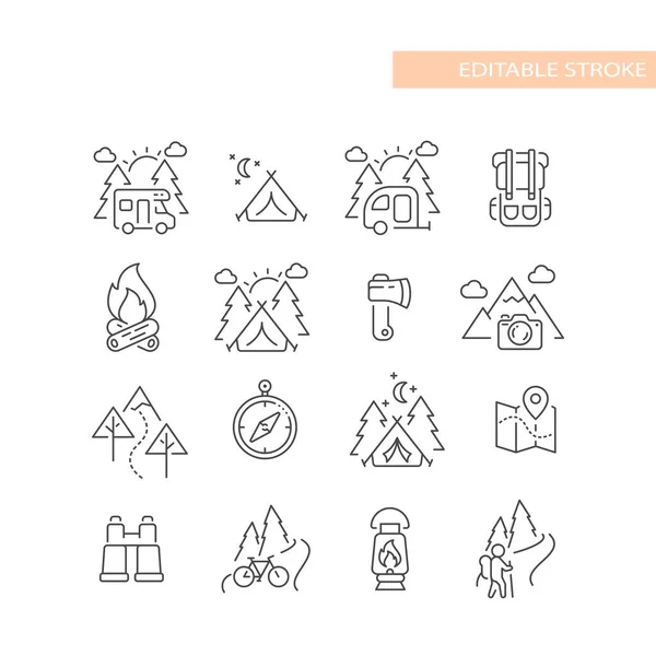 Outdoors Nature Activities Line Icon Set Cute Camping Hiking Icons — Stock Vector