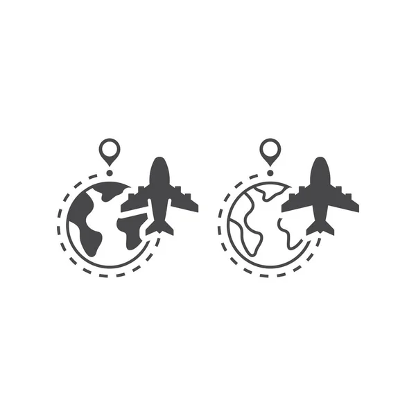 Airplane Globe Dashed Line Flight Route Commercial Flying Vector Icon — Stock Vector