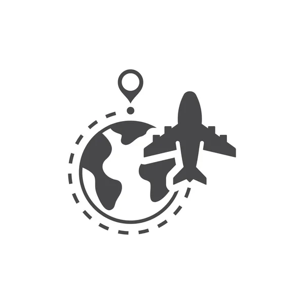 Flugzeug Globus Und Gestrichelte Flugroute Kommerzielle Fliegende Vektor Symbol Mit — Stockvektor