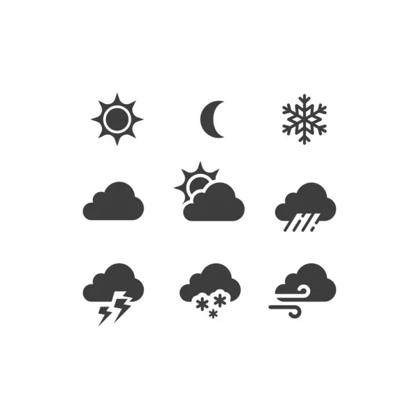 Weather Forecast Black Vector Icon Set Stormy Sunny Rain Snow — Stock Vector