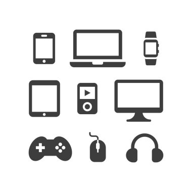 Elektronik, bilgisayar aygıtları vektör simgesi seti. TV, laptop, akıllı telefon ekranı, siyah dijital aygıt simgeleri.