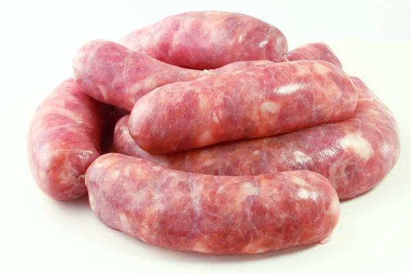 Pile Saucisse Porc Crue Fraîche Isolée Sur Fond Blanc Vue — Photo