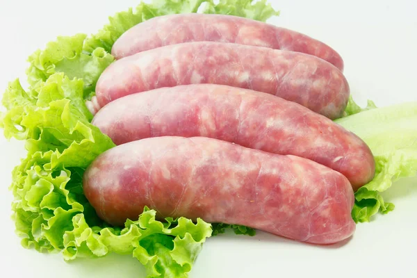 Mucchio Salsiccia Fresca Cruda Carne Maiale Isolato Sfondo Bianco Vista — Foto Stock