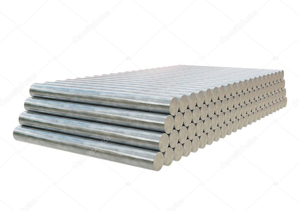 stack Round steel bars isolated on white background. 3D rendering