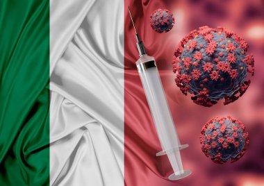 Covid-19 aşı konsepti İtalya 'da, sars-cov-2 koronavirüsünden kaynaklanan bir hastalık. İtalya bayrağına şırınga. 3B görüntüleme