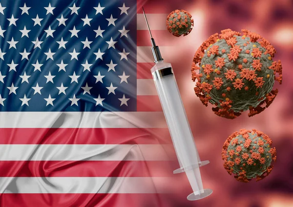 concept Covid-19 immunization vaccine in USA, a disease caused by the sars-cov-2 coronavirus. Syringe on USA flag. 3D rendering