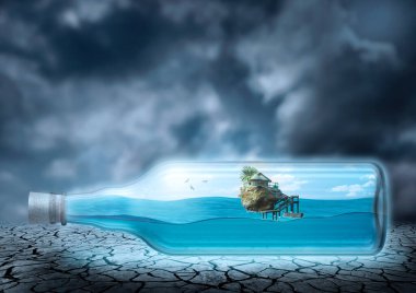 Cam şişenin içindeki okyanus ve ada, kurak ve çöl çevresi. Ekolojik sürdürülebilirlik ve su kavramı. Seçici odaklanma koruması. 3B görüntüleme