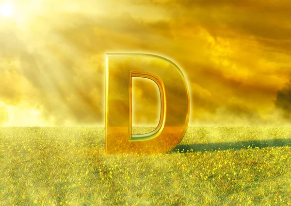 维生素D被阳光照射在草地上 阳光是这种营养物质的极好来源 它能增强免疫系统 3D渲染 — 图库照片