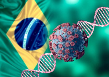 Coronavirus ve DNA, virüs mutasyonu ve Brezilya 'dan yeni bir tür. Brezilyalı SARS CoV 2. Mikroskobik görüntü. 3B illüstrasyon