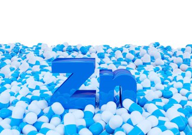 Kapsüllerdeki çinko sembolü Zn beyaz arka planda izole edilmiş. 3B illüstrasyon